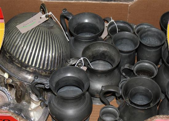 Collection of pewter mugs, measures and beakers, pair of white metal footed glasses and sundry plate (Q)